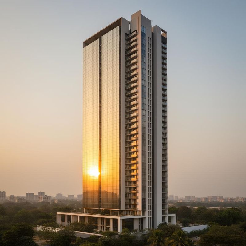 High-rise residential tower with landscaped grounds